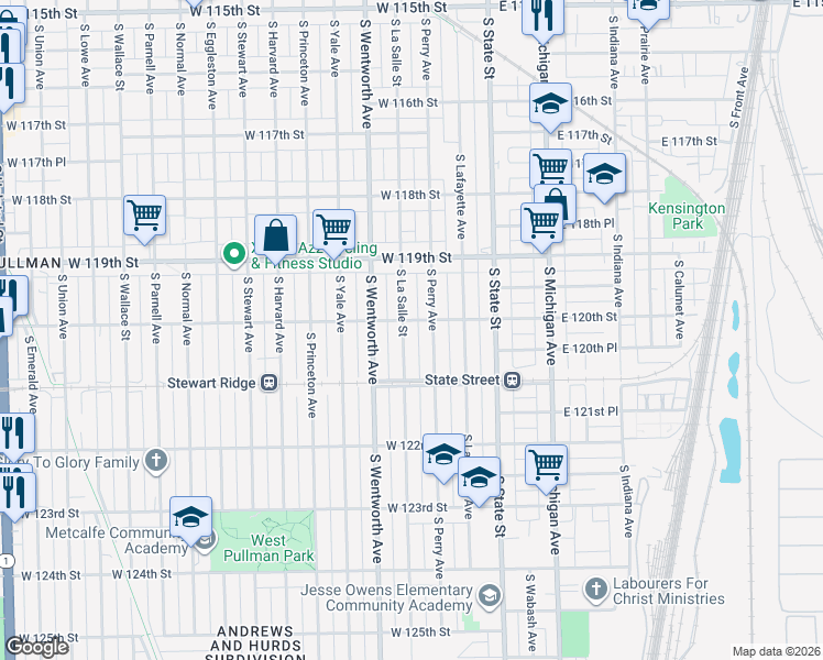 map of restaurants, bars, coffee shops, grocery stores, and more near 12000 South Perry Avenue in Chicago