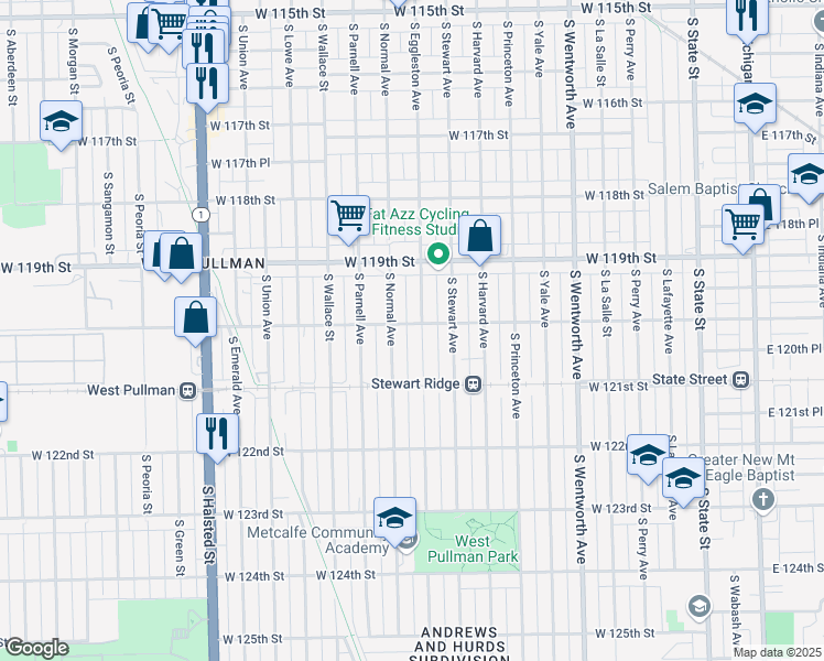 map of restaurants, bars, coffee shops, grocery stores, and more near 447 West 120th Street in Chicago