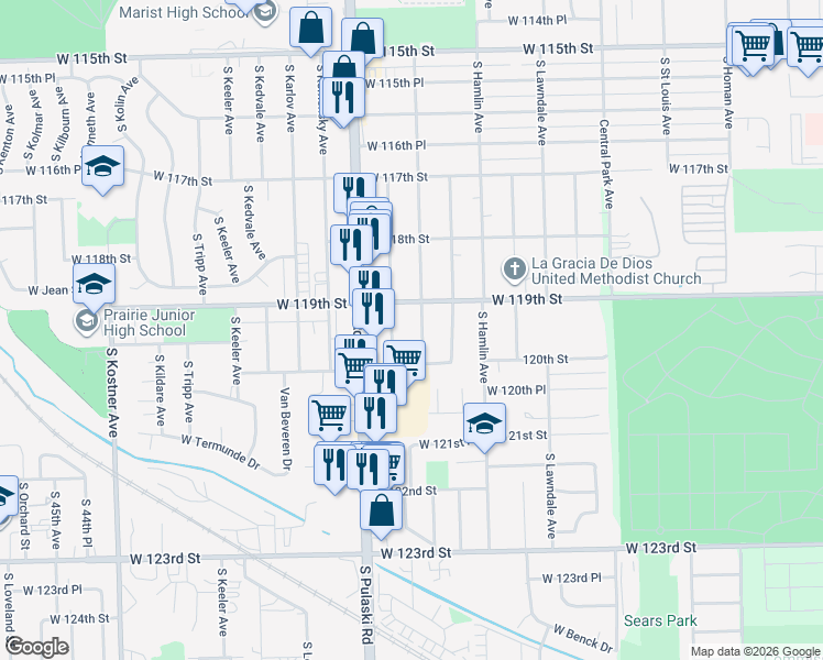 map of restaurants, bars, coffee shops, grocery stores, and more near 11921 Springfield Avenue in Alsip
