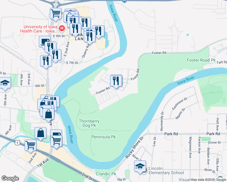 map of restaurants, bars, coffee shops, grocery stores, and more near 2351 Willenbrock Circle in Iowa City