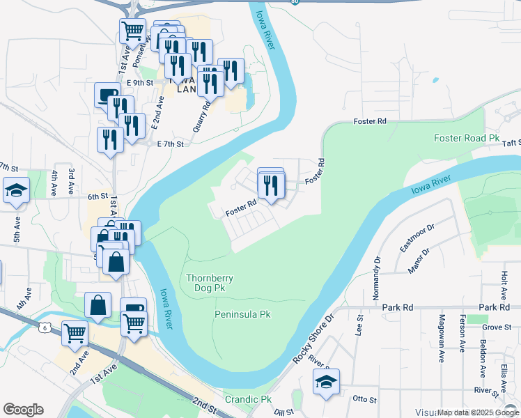 map of restaurants, bars, coffee shops, grocery stores, and more near 2351 Willenbrock Circle in Iowa City