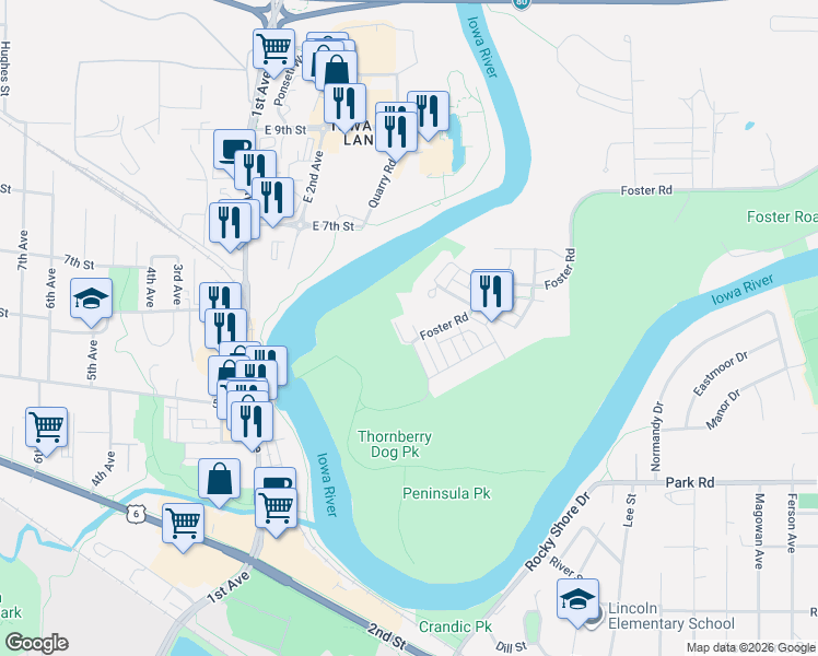 map of restaurants, bars, coffee shops, grocery stores, and more near 780 Barber Place in Iowa City