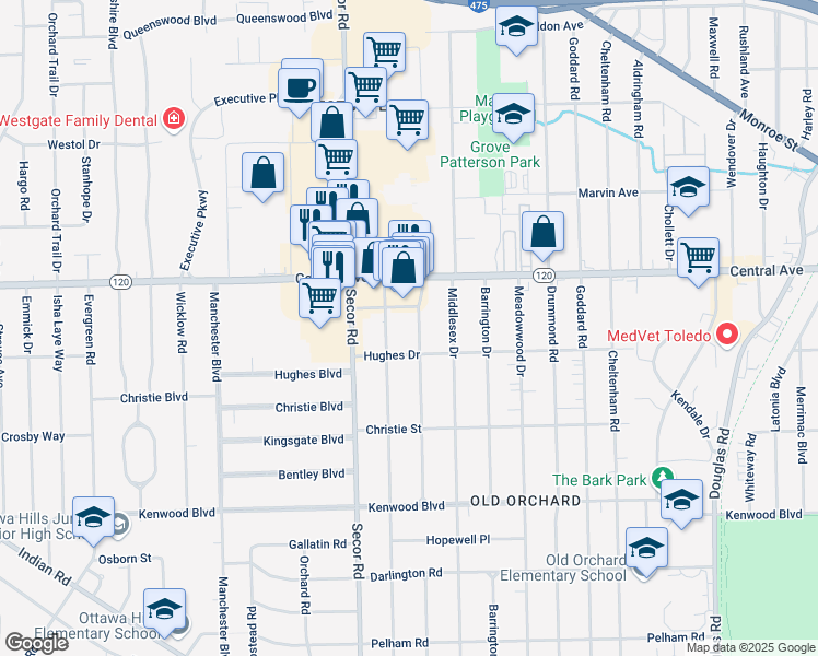 map of restaurants, bars, coffee shops, grocery stores, and more near 2927 Pemberton Drive in Toledo