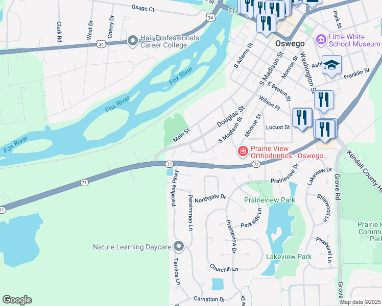 map of restaurants, bars, coffee shops, grocery stores, and more near 520 Douglas Street in Oswego