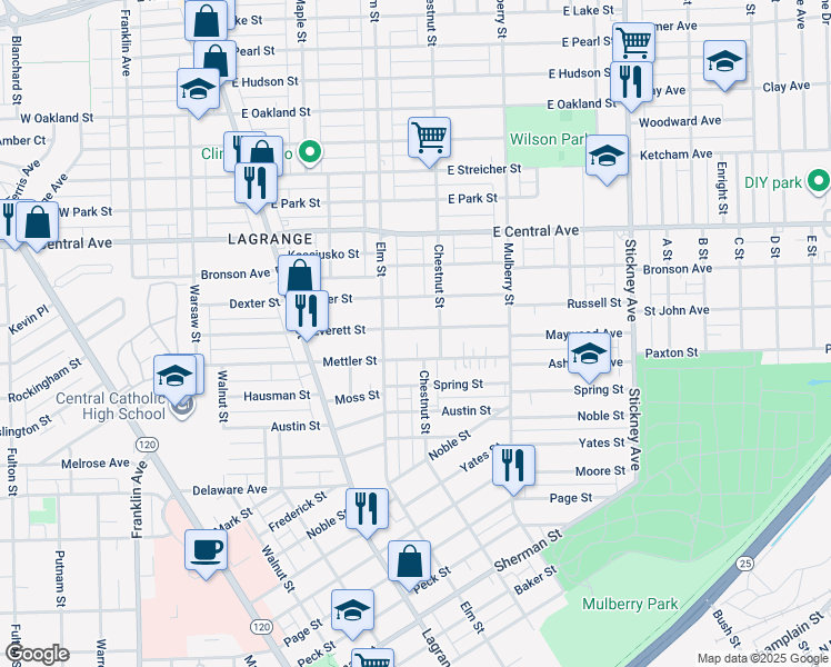 map of restaurants, bars, coffee shops, grocery stores, and more near 430 Everett Street in Toledo