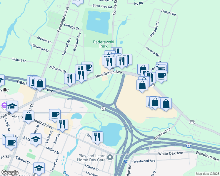map of restaurants, bars, coffee shops, grocery stores, and more near 26 Colonial Court in Plainville