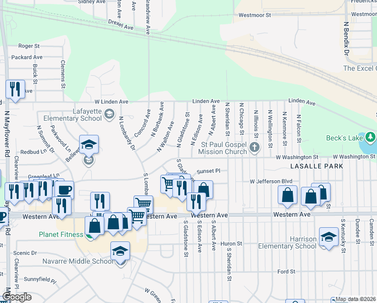 map of restaurants, bars, coffee shops, grocery stores, and more near 111 North Edison Avenue in South Bend