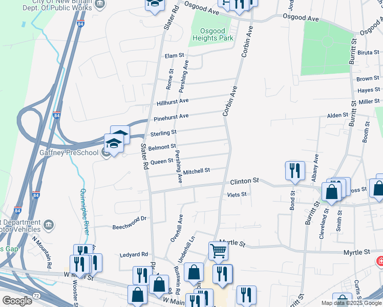 map of restaurants, bars, coffee shops, grocery stores, and more near 83 Queen Street in New Britain