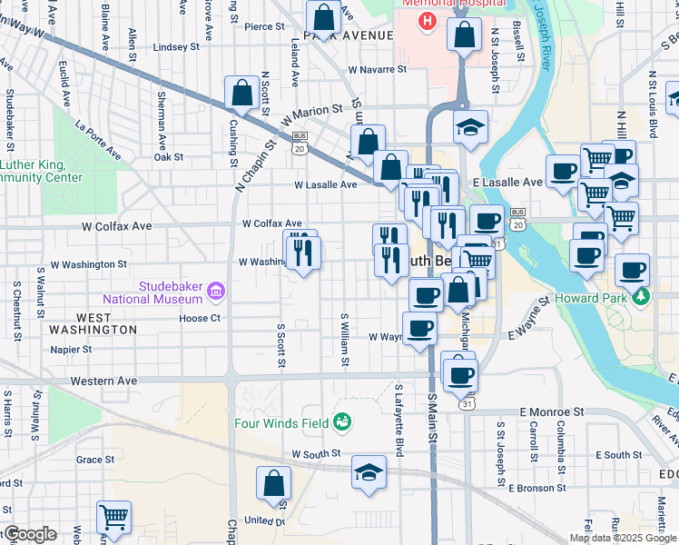 map of restaurants, bars, coffee shops, grocery stores, and more near 107 South William Street in South Bend