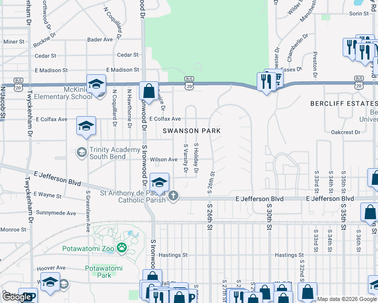 map of restaurants, bars, coffee shops, grocery stores, and more near 124 South Varsity Drive in South Bend