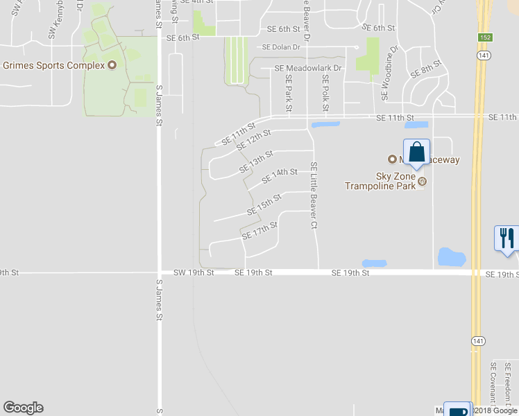map of restaurants, bars, coffee shops, grocery stores, and more near Southeast 15th Street in Grimes