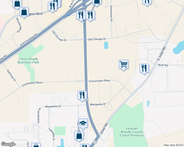 map of restaurants, bars, coffee shops, grocery stores, and more near 100 East Crossroads Parkway in Bolingbrook