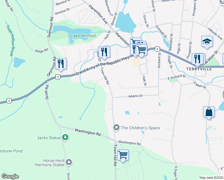map of restaurants, bars, coffee shops, grocery stores, and more near 41 Town Hill Road in Plymouth