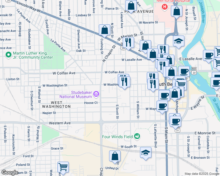 map of restaurants, bars, coffee shops, grocery stores, and more near 720 West Washington Street in South Bend