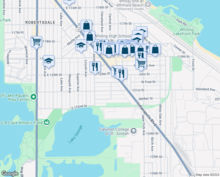 map of restaurants, bars, coffee shops, grocery stores, and more near 1249 121st Street in Whiting