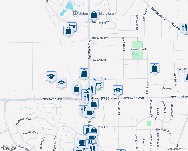 map of restaurants, bars, coffee shops, grocery stores, and more near 6365 Merle Hay Road in Johnston