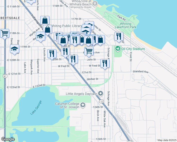 map of restaurants, bars, coffee shops, grocery stores, and more near 1441 121st Street in Whiting