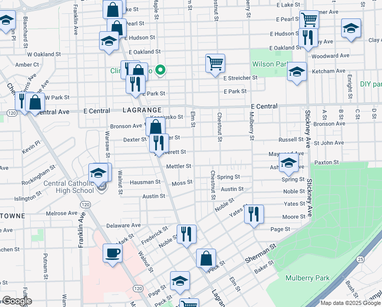 map of restaurants, bars, coffee shops, grocery stores, and more near 2831 Elm Street in Toledo