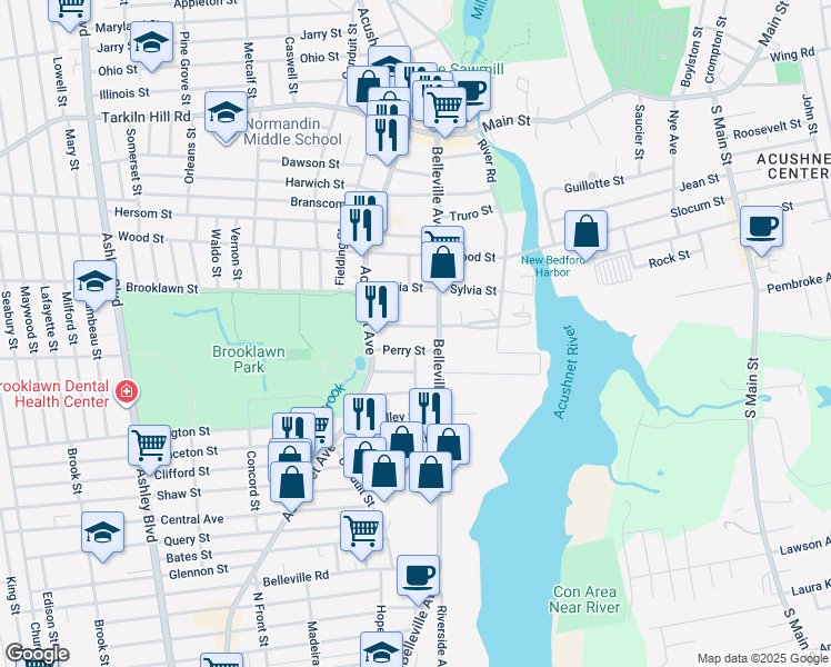 map of restaurants, bars, coffee shops, grocery stores, and more near 92-94 Howard Avenue in New Bedford
