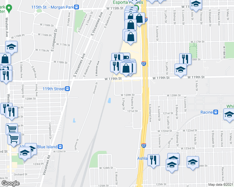 map of restaurants, bars, coffee shops, grocery stores, and more near 11959 South Wood Street in Calumet Park