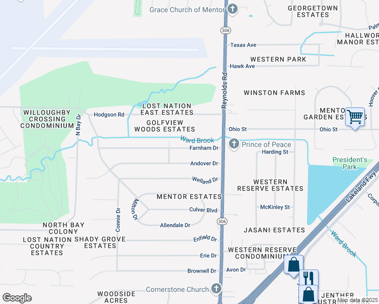 map of restaurants, bars, coffee shops, grocery stores, and more near 7270 Farnham Drive in Mentor