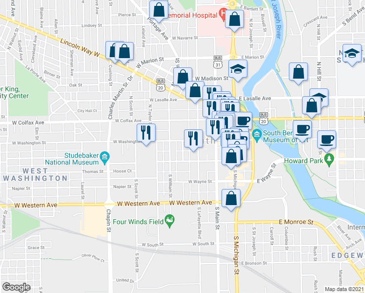 map of restaurants, bars, coffee shops, grocery stores, and more near 129 Franklin Place in South Bend