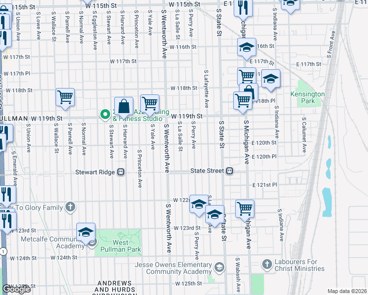 map of restaurants, bars, coffee shops, grocery stores, and more near 12000 South Perry Avenue in Chicago