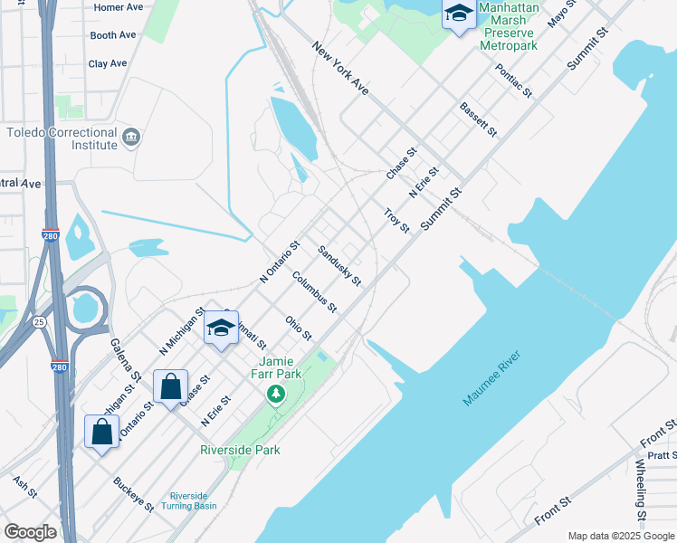 map of restaurants, bars, coffee shops, grocery stores, and more near 2537 North Erie Street in Toledo
