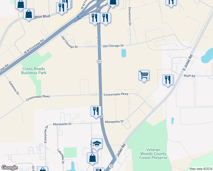 map of restaurants, bars, coffee shops, grocery stores, and more near 100 East Crossroads Parkway in Bolingbrook