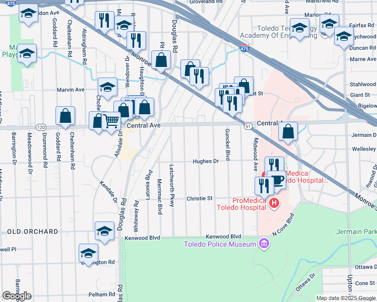 map of restaurants, bars, coffee shops, grocery stores, and more near 2924 Sherbrooke Rd in Toledo