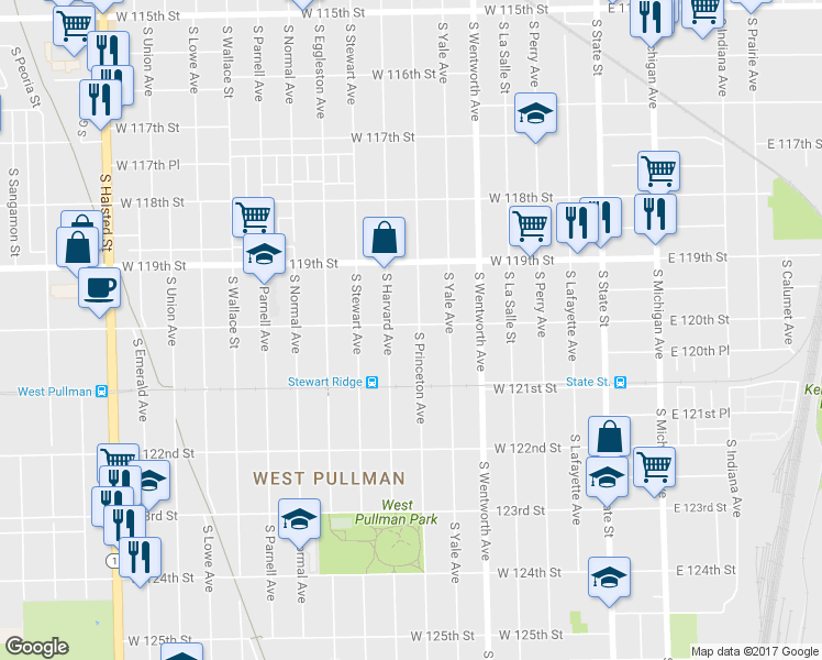 map of restaurants, bars, coffee shops, grocery stores, and more near 12002 South Princeton Avenue in Chicago