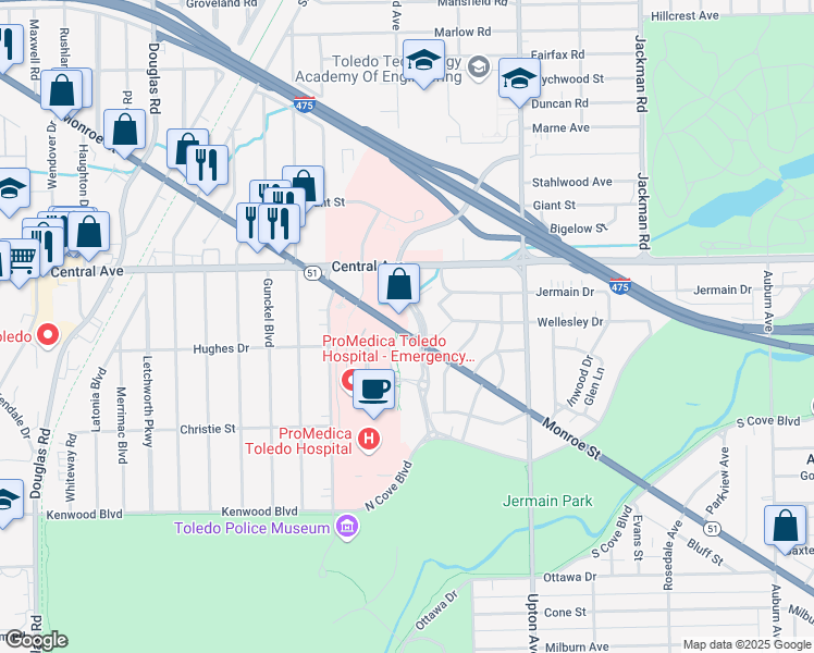 map of restaurants, bars, coffee shops, grocery stores, and more near 2901 Jermain Drive in Toledo