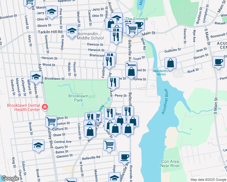 map of restaurants, bars, coffee shops, grocery stores, and more near 2008 Acushnet Avenue in New Bedford