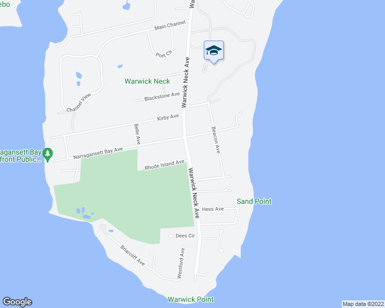 map of restaurants, bars, coffee shops, grocery stores, and more near 1036 Warwick Neck Avenue in Warwick