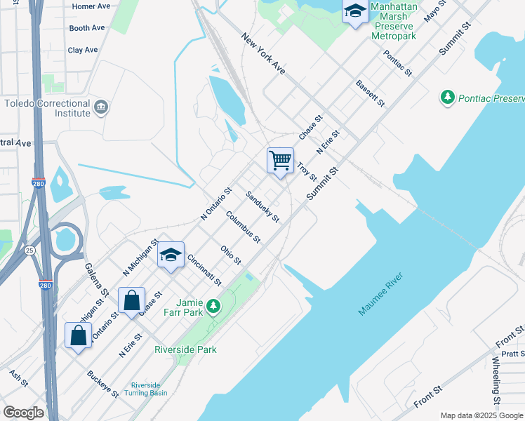 map of restaurants, bars, coffee shops, grocery stores, and more near 2537 North Erie Street in Toledo