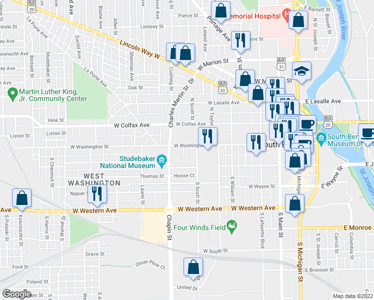 map of restaurants, bars, coffee shops, grocery stores, and more near 716 West Washington Street in South Bend
