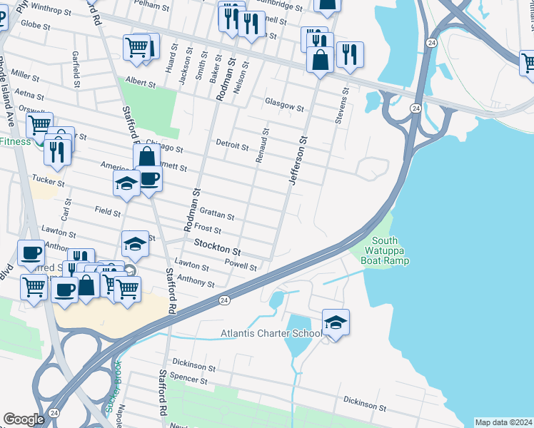 map of restaurants, bars, coffee shops, grocery stores, and more near 413 Kennedy Street in Fall River