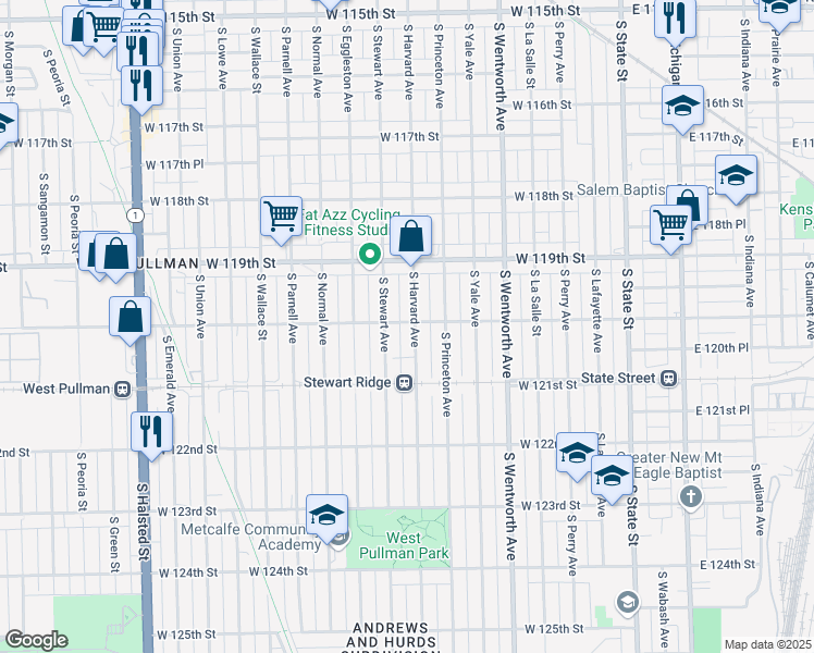 map of restaurants, bars, coffee shops, grocery stores, and more near 351 West 120th Street in Chicago