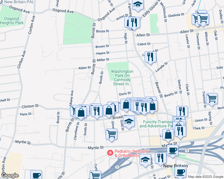map of restaurants, bars, coffee shops, grocery stores, and more near 170 Gold Street in New Britain