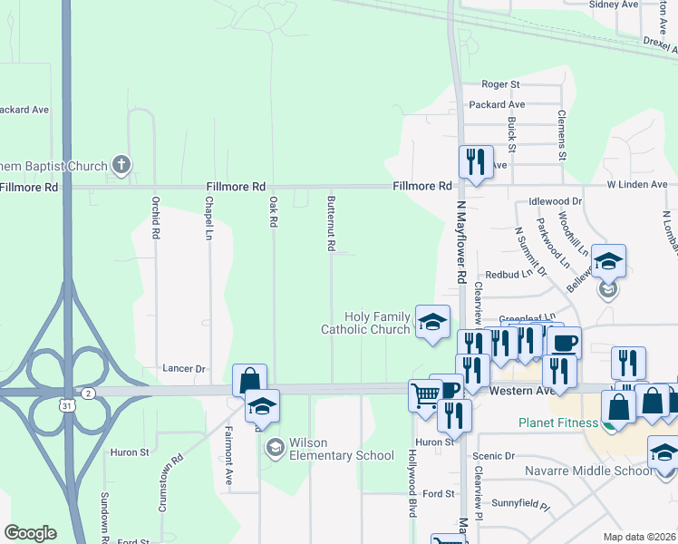 map of restaurants, bars, coffee shops, grocery stores, and more near 56208 Butternut Road in South Bend