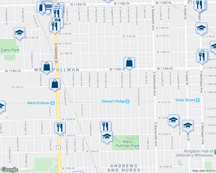 map of restaurants, bars, coffee shops, grocery stores, and more near 447 West 120th Street in Chicago