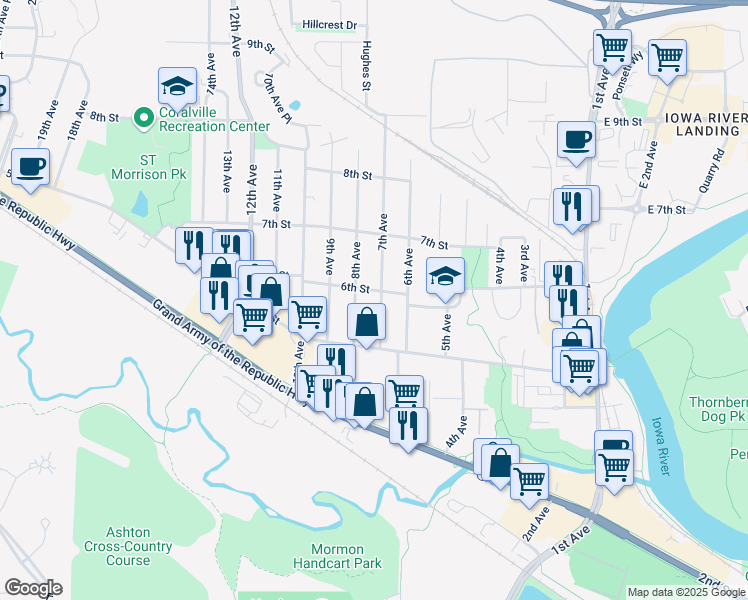 map of restaurants, bars, coffee shops, grocery stores, and more near 518 7th Avenue in Coralville