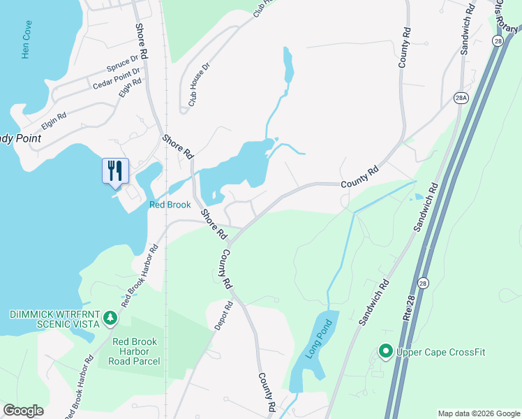 map of restaurants, bars, coffee shops, grocery stores, and more near 1093 County Road in Bourne