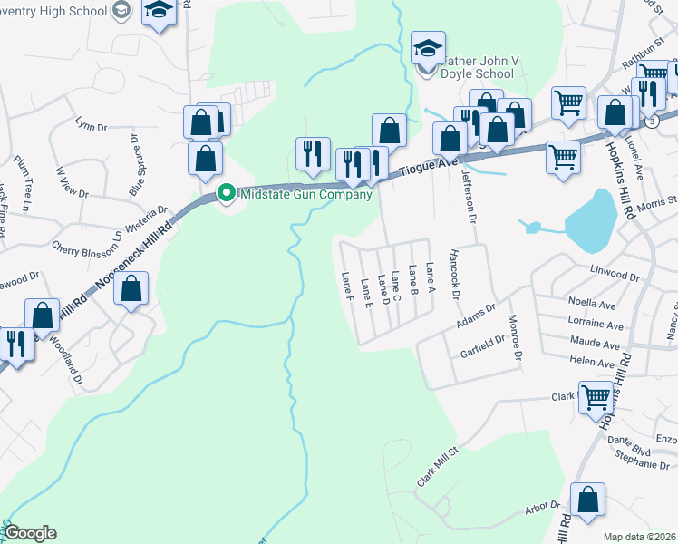 map of restaurants, bars, coffee shops, grocery stores, and more near 25 Lane F in Coventry