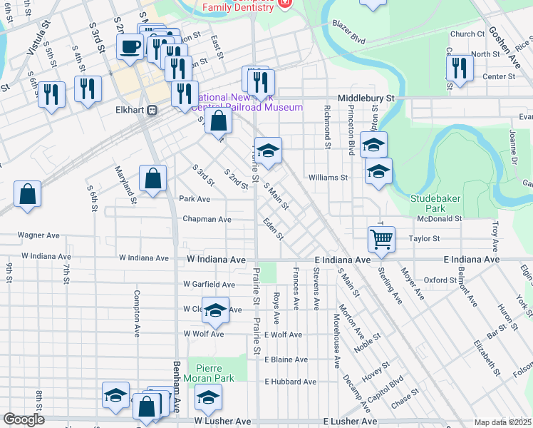 map of restaurants, bars, coffee shops, grocery stores, and more near 1208 Eden Street in Elkhart