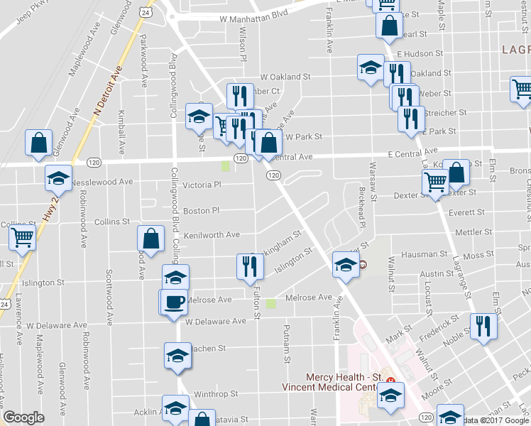 map of restaurants, bars, coffee shops, grocery stores, and more near 239 Kevin Place in Toledo