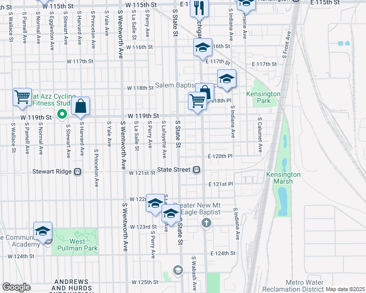 map of restaurants, bars, coffee shops, grocery stores, and more near 12005 S State St in Chicago