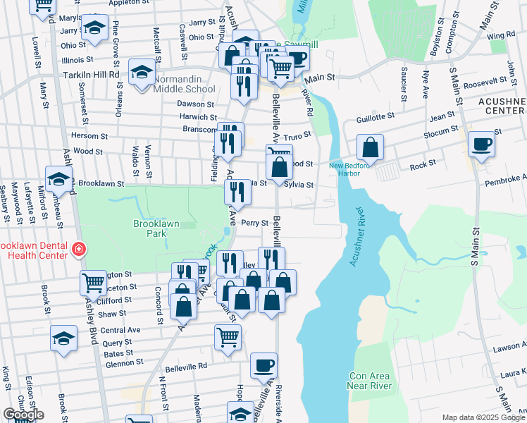 map of restaurants, bars, coffee shops, grocery stores, and more near 92-94 Howard Avenue in New Bedford