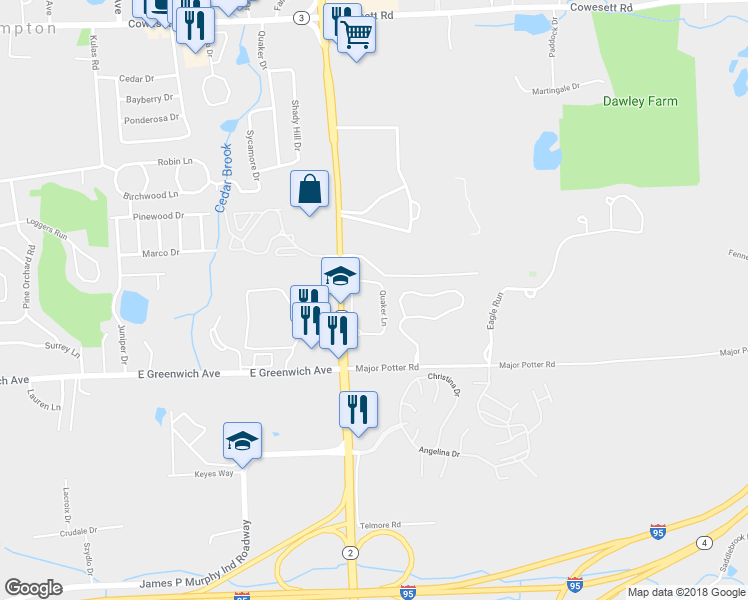 map of restaurants, bars, coffee shops, grocery stores, and more near 750 Quaker Lane in East Greenwich