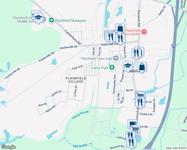 map of restaurants, bars, coffee shops, grocery stores, and more near 58-60 First Street in Plainfield